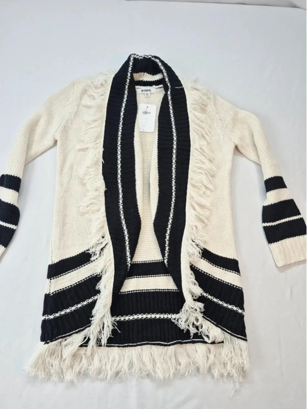 BB Dakota Oversize Ivory Black Stripe Knit Open Front Fringe Cardigan Women's XS